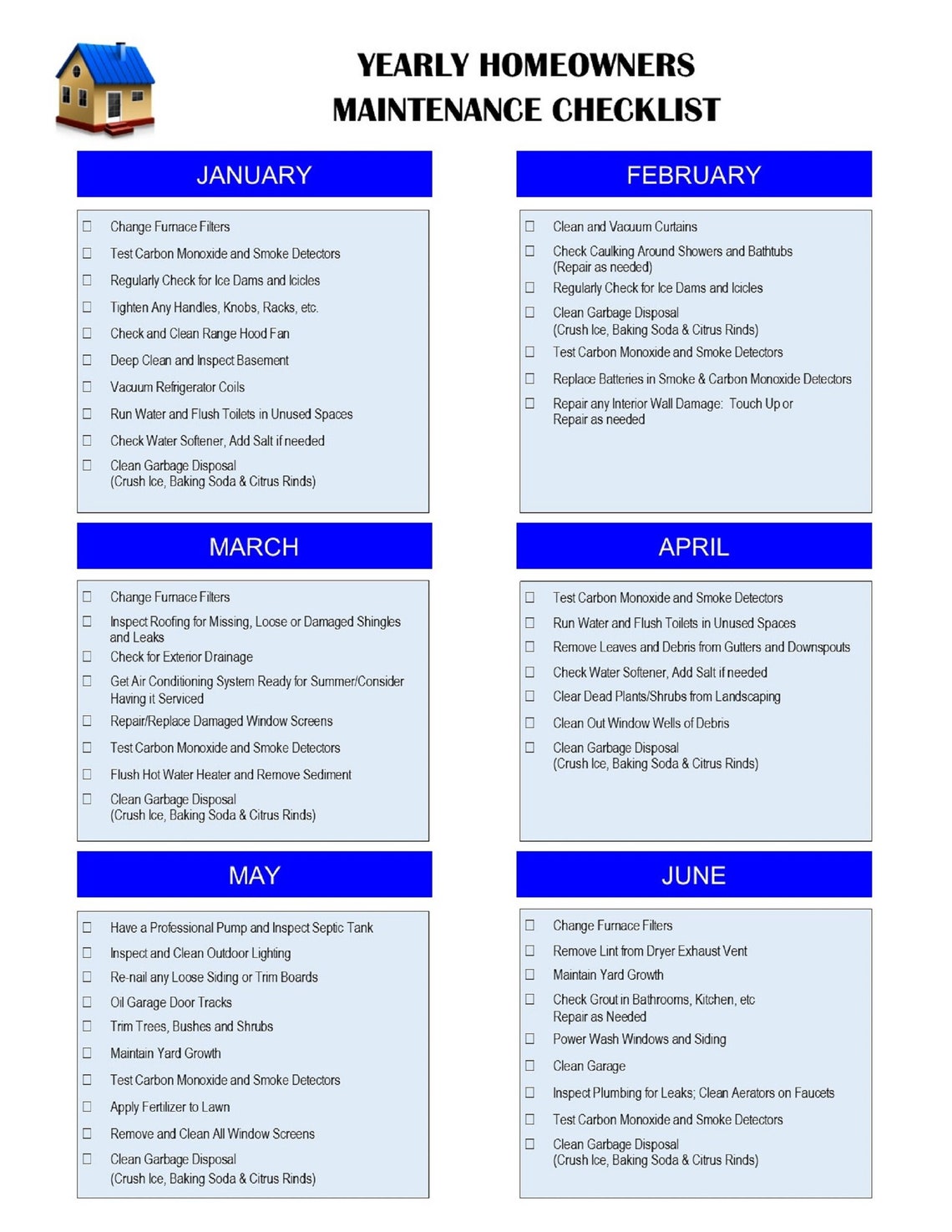Monthly Home Maintenance Checklist